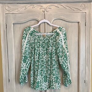Green and White Floral Peasant Blouse with Lace Trim